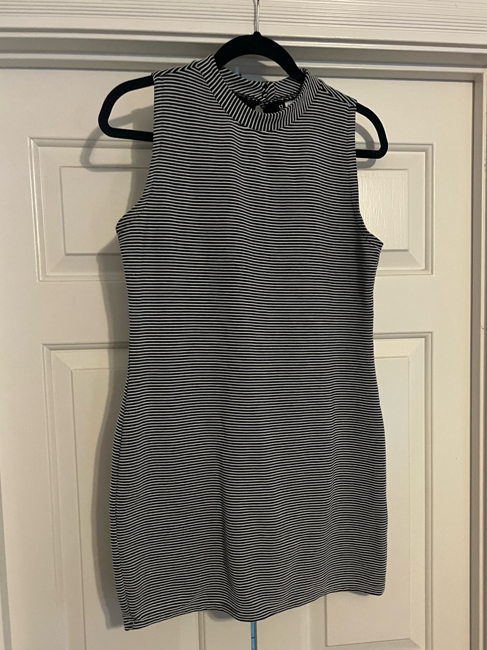 Divided Black & White Striped Sleeveless Mock Neck Mini Dress